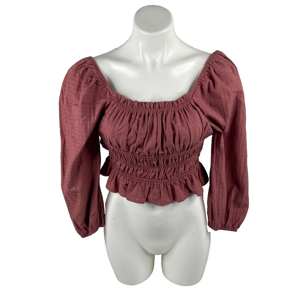 Beverly Women Large Cropped Smocked Top Mauve Puffy Shoulder Sleeve Casual NWT